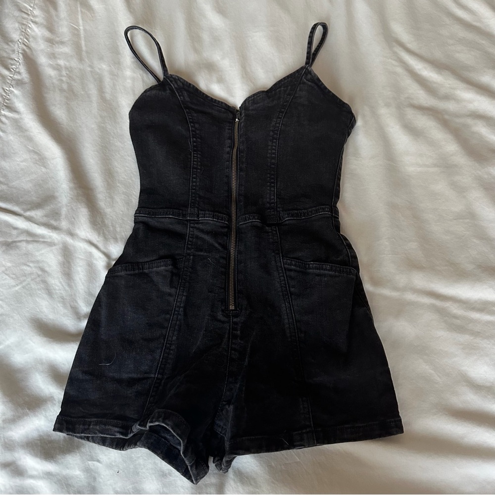 Bershka Black Denim Romper with Front Zipper